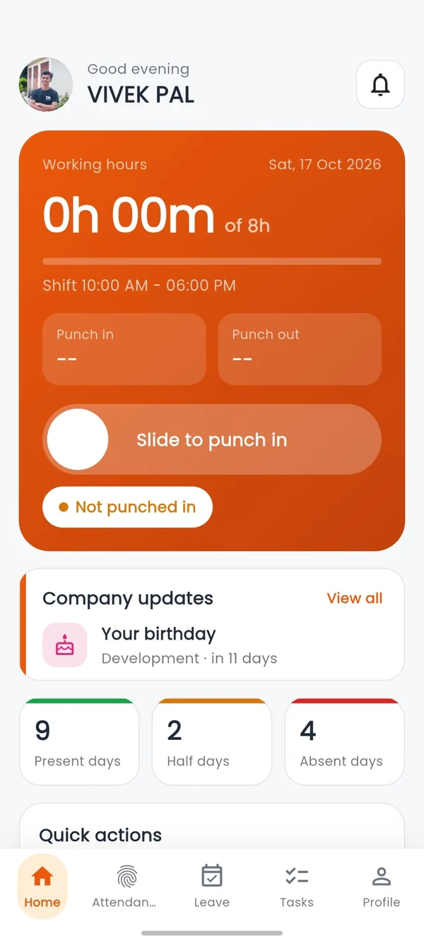 Employee app home screen with slide to punch in